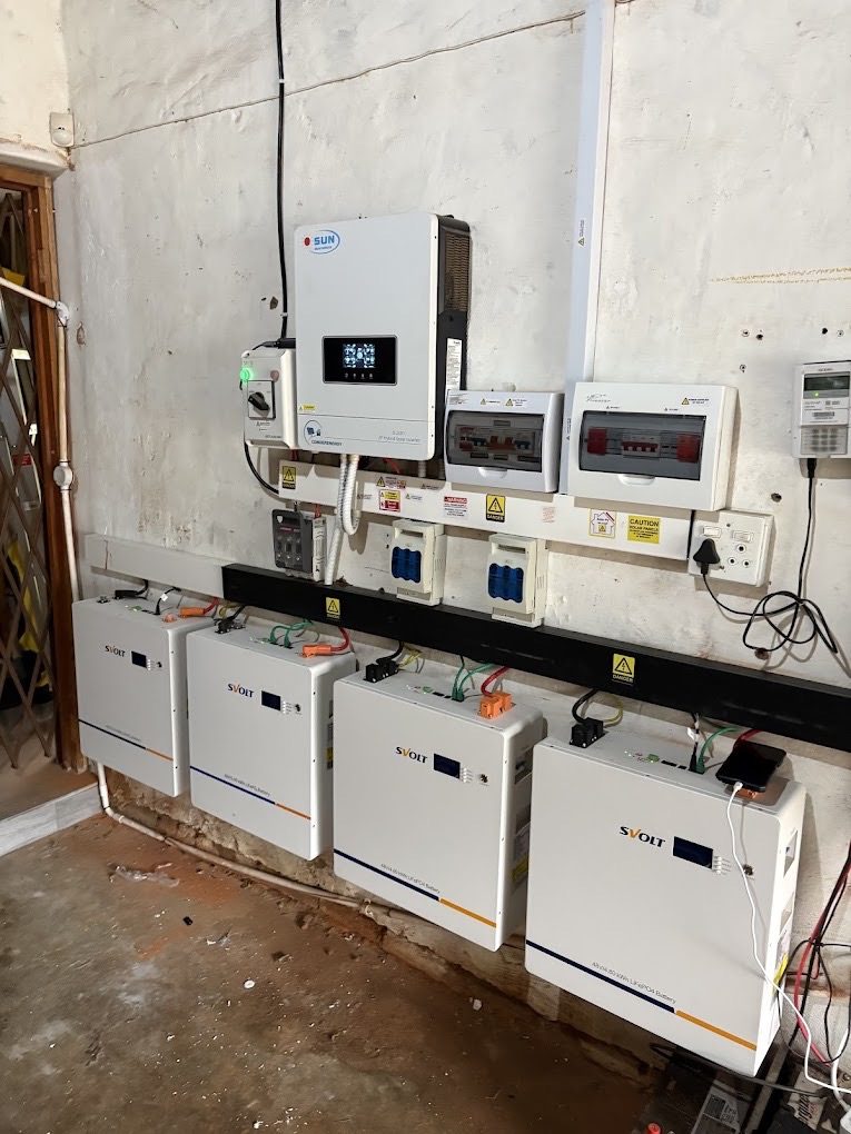 Inverter and a row of lithium batteries installed indoors